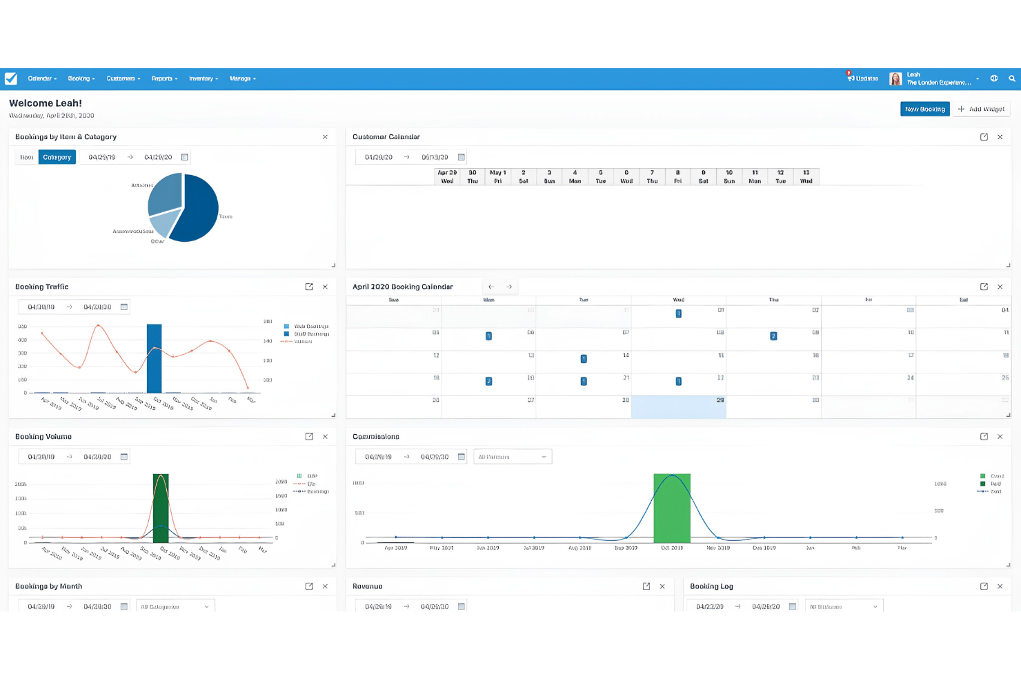 Checkfront dashboard centralizes bookings, widgets, and daily insights.