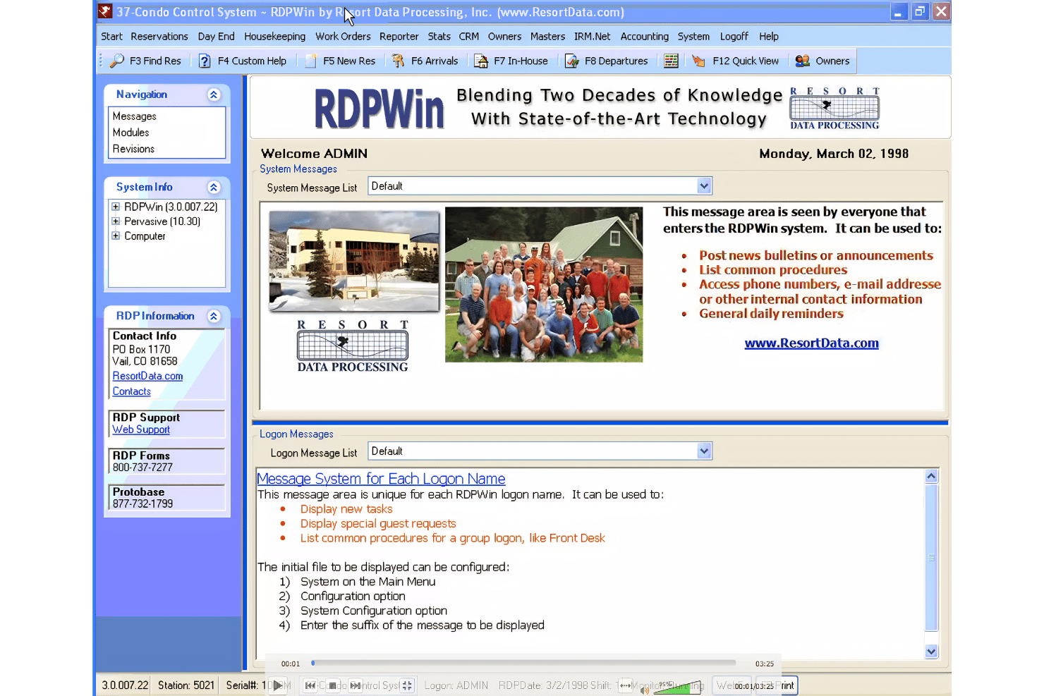 Resort Data centralizes messages, navigation, and system controls for users.