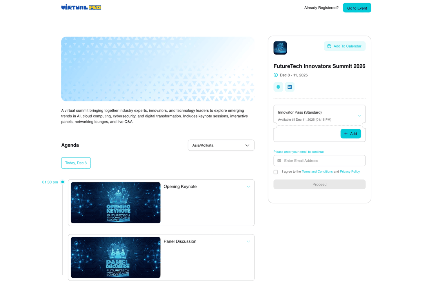 Virtual PRO helps teams create branded virtual events with custom agendas, sessions, and registration experiences.