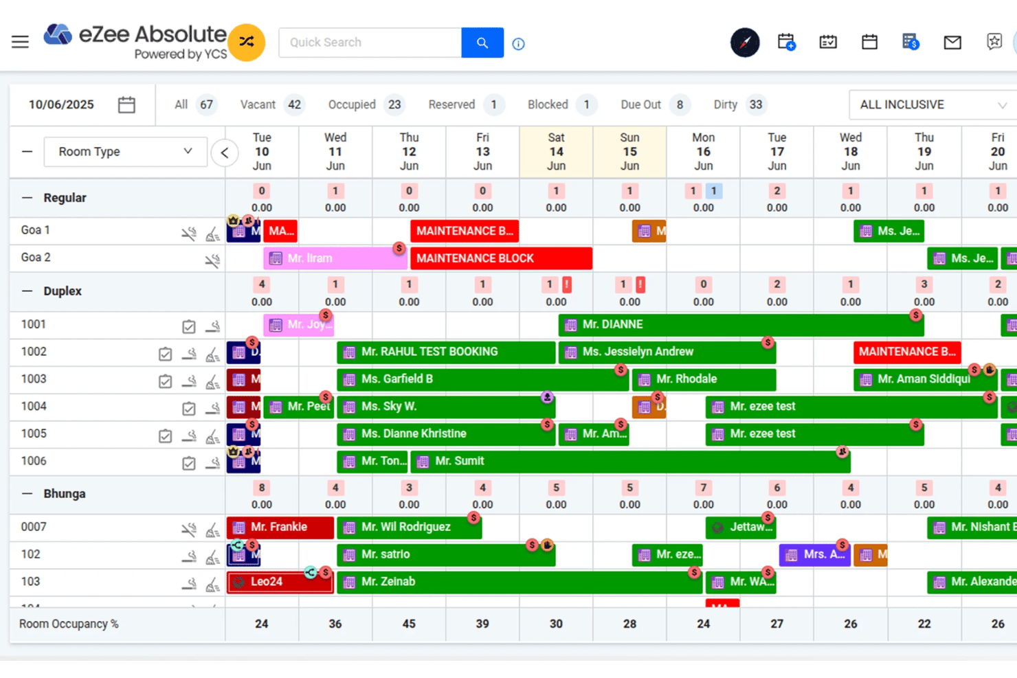 eZee Absolute provides a visual overview of room availability, reservations, and occupancy status for daily hotel operations.