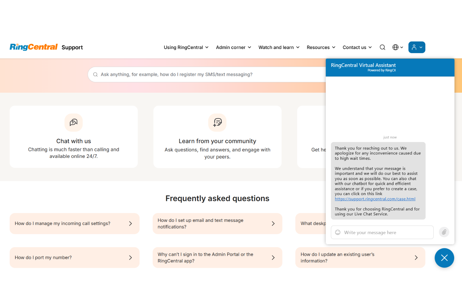 RingCentral support page with live chat virtual assistant