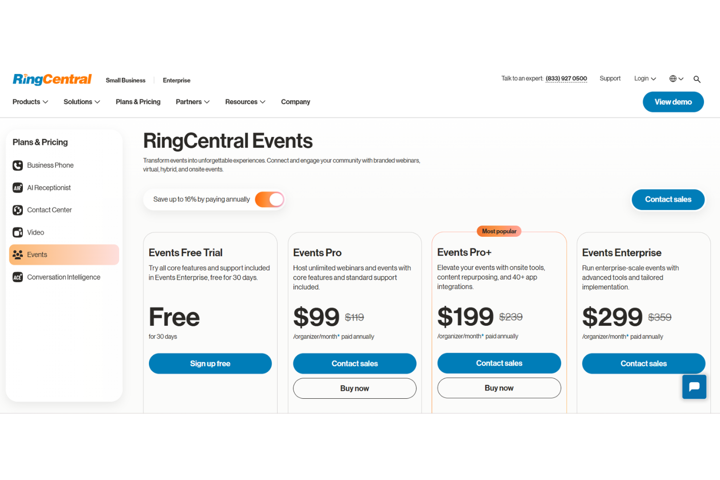 RingCentral Events pricing page