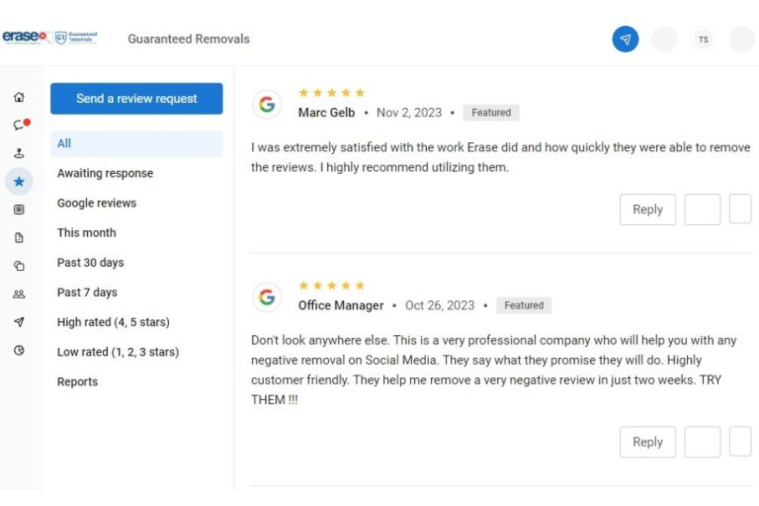 Erase.com screenshot - 10 Migliori Soluzioni per la Gestione della Reputazione degli Hotel del 2026