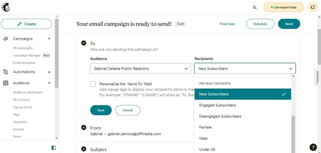 Mailchimp screenshot - 10 migliori software di email marketing per hotel per 2026