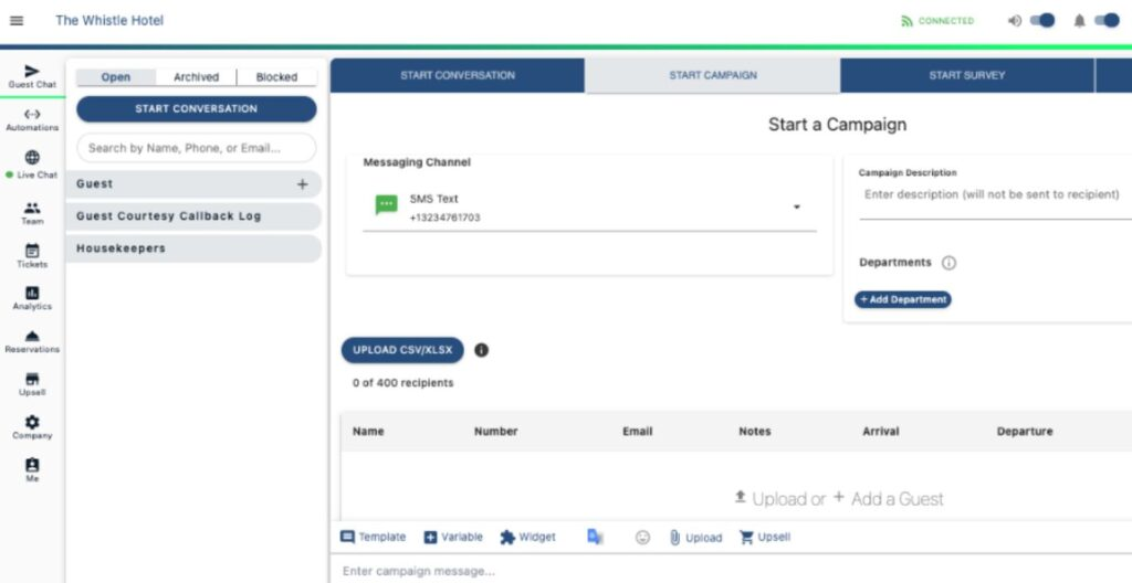 Whistle screenshot - 10 migliori software di messaggistica per ospiti per hotel nel 2026