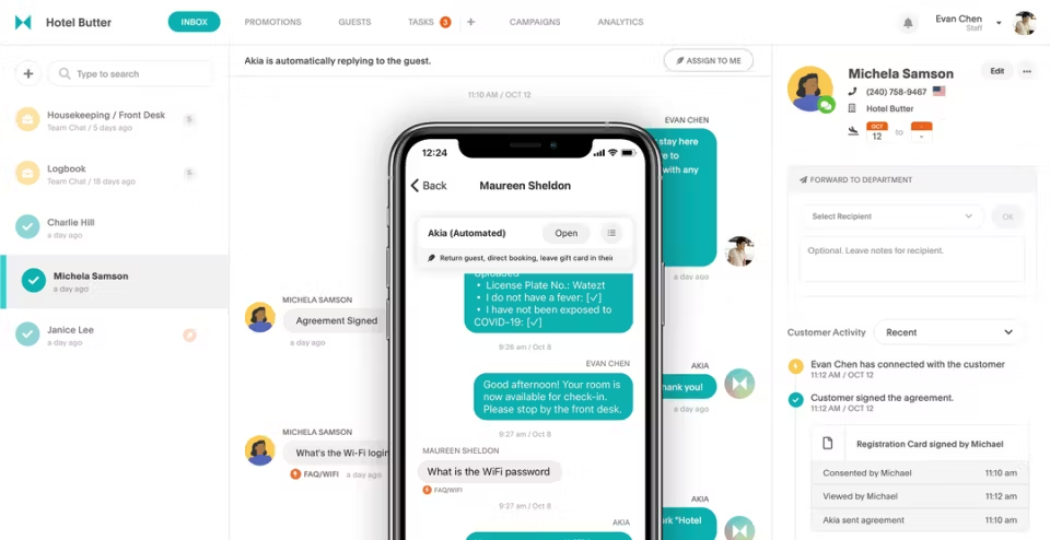 Akia screenshot - 10 migliori software di messaggistica per ospiti per hotel nel 2026