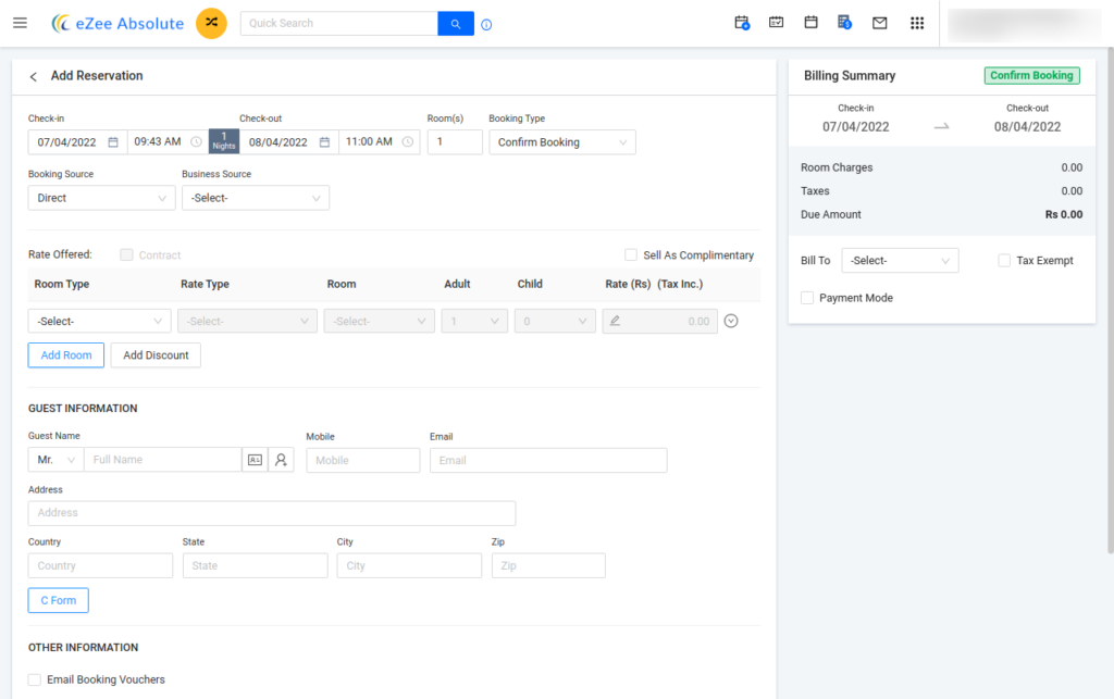 eZee Absolute screenshot - 17 Meilleurs Logiciels de Réservation pour Petits Hôtels en 2026