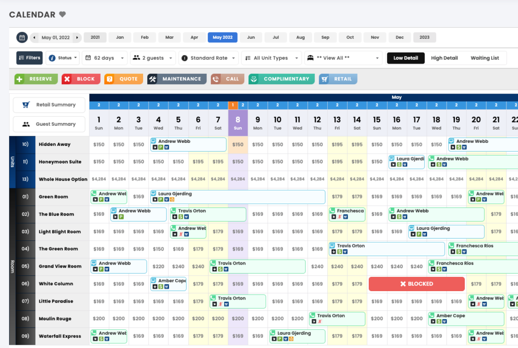 ResNexus hotel software calendar screenshot