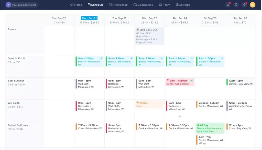 ZoomShift event scheduling software interface