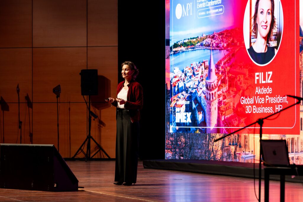 Speaker Feliz Akdede, Global VP of 3D Business at HP, presenting at the EMEC 2025