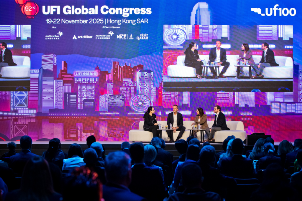 Panel discussion on stage at UFI Global Congress 2025 in Hong Kong
