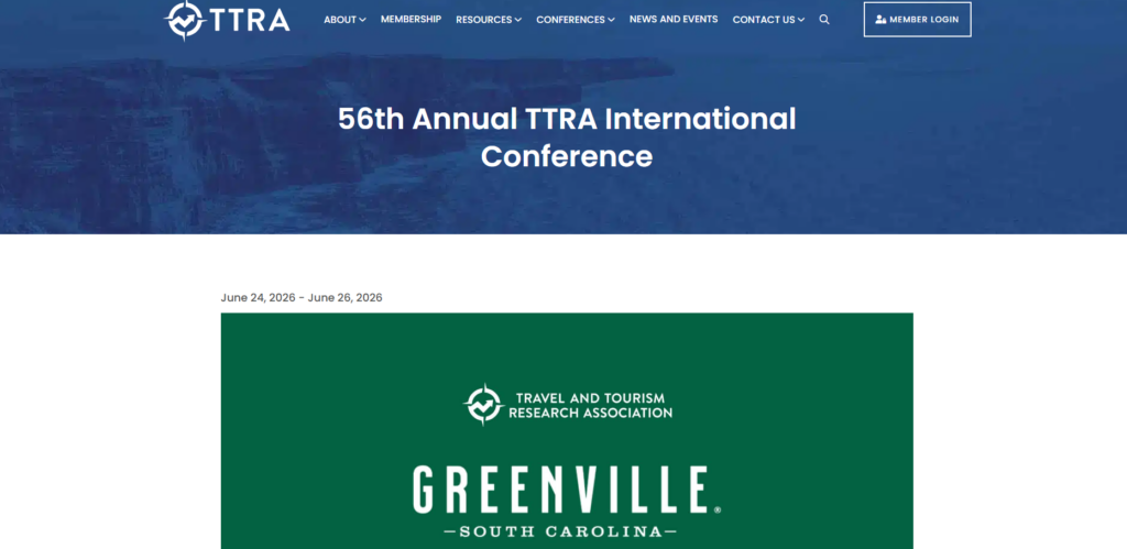 TTRA conference website displaying Greenville, South Carolina branding and event location banner.