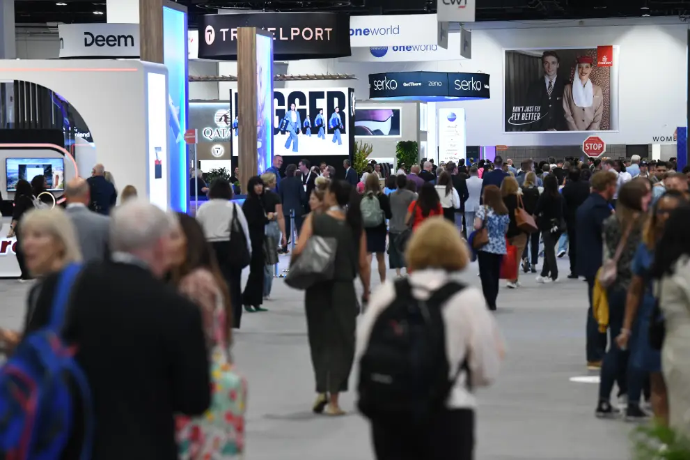 Attendees at the busy exhibition hall at the GBTA Convention