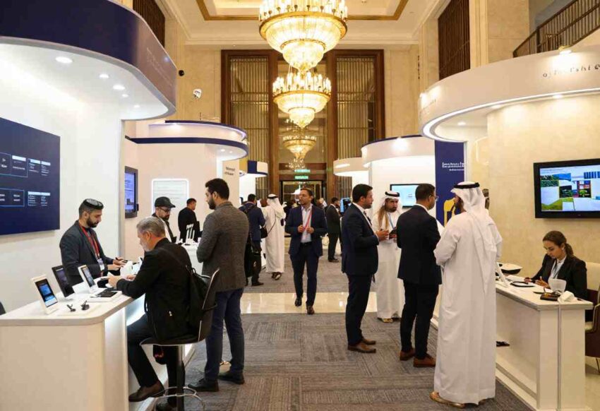 Attendees network and visit exhibitor booths during WTM Spotlight in a large conference exhibition hall