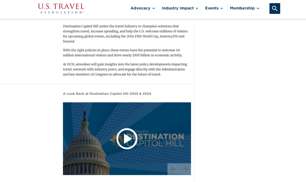 U.S. Travel Association website showing Destination Capitol Hill overview and advocacy messaging.