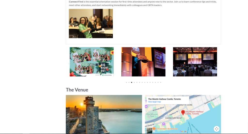GBTA Canada Conference website showing venue imagery and map of The Westin Harbour Castle in Toronto.