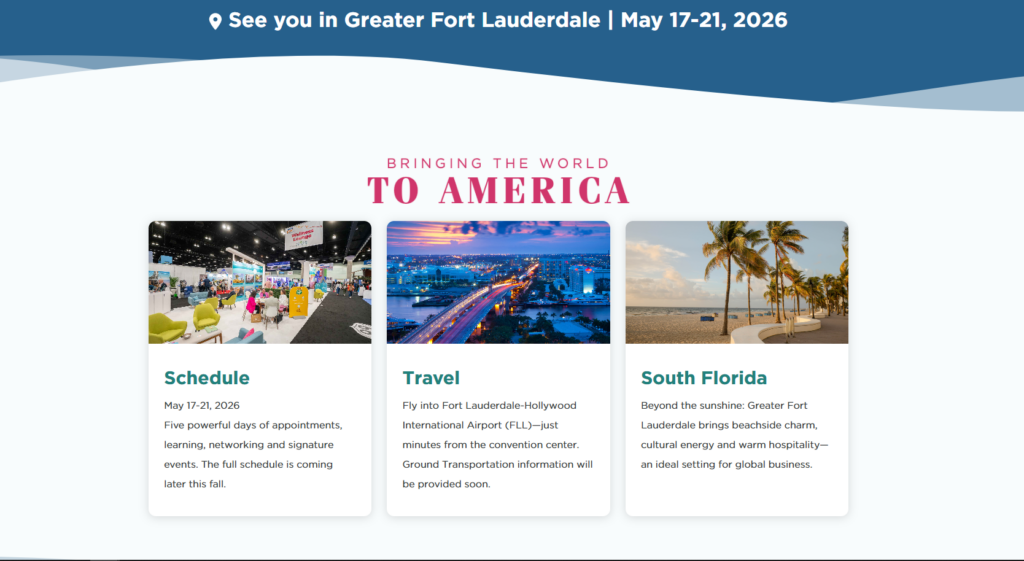 IPW 2026 website showing schedule preview, travel info, and South Florida destination imagery.