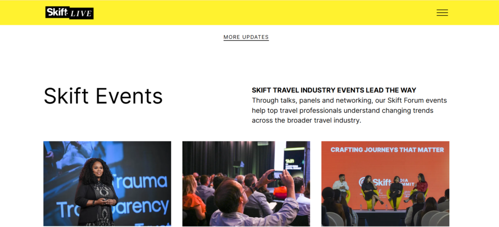 Skift Events website showing speaker stage moments, panel discussions, and audience engagement.