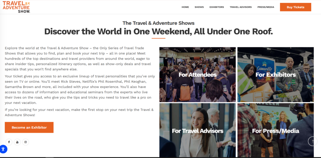 Travel &amp; Adventure Show website showing exhibitor floor, attendee sections, and exhibitor promotion panels.