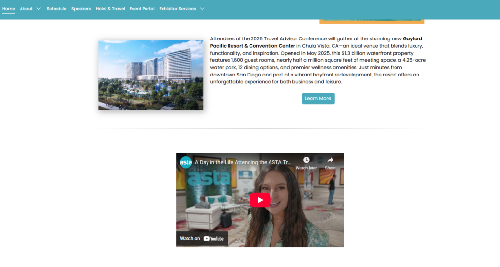 Travel Advisor Conference website featuring Gaylord Pacific Resort imagery and venue overview.