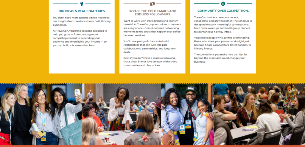 TravelCon website showing community sessions, networking moments, and attendee interactions.