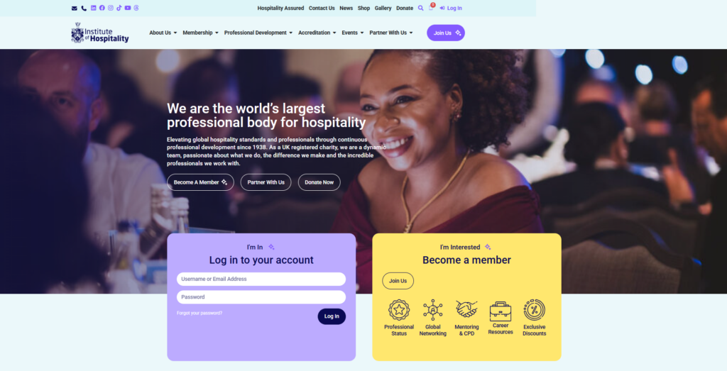 Mitgliedschaftsseite des Institute of Hospitality mit Hervorhebung der Mitgliedervorteile