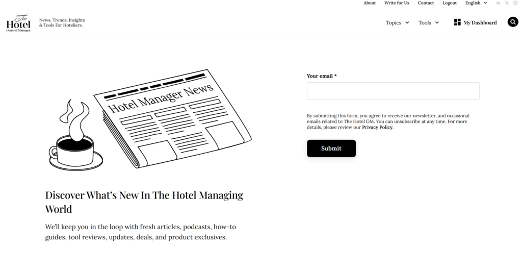 The Hotel GM Newsletter sign-up page