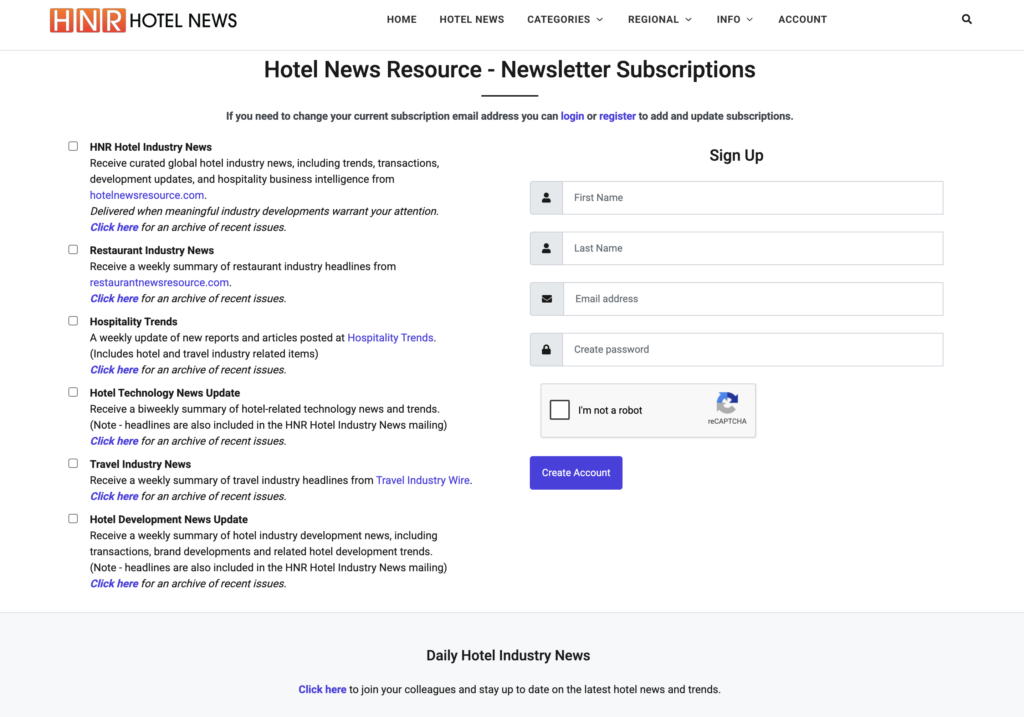 Hotel News Resource Newsletter signup form