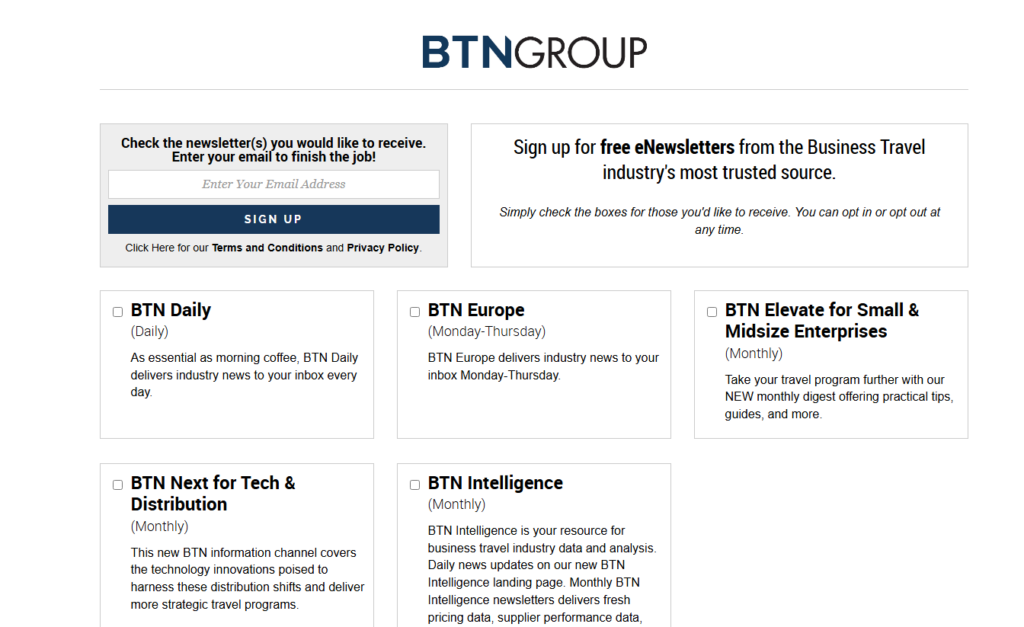 Pagina di iscrizione alla newsletter elettronica di BTN Group con modulo di registrazione e opzioni per le newsletter, tra cui BTN Daily, BTN Europe, BTN Intelligence e aggiornamenti sul settore dei viaggi