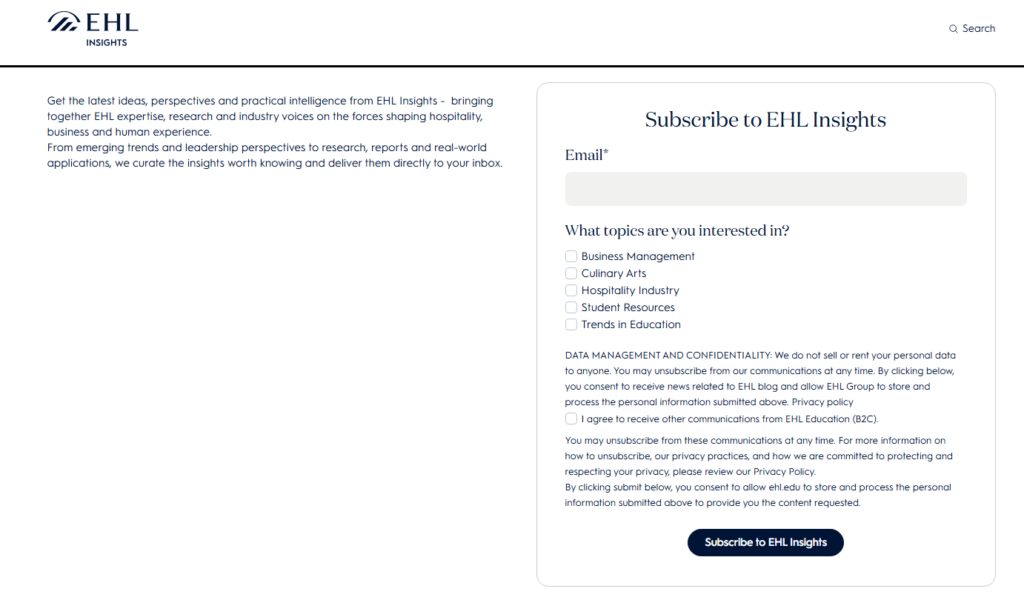 Pagina di iscrizione alla newsletter EHL Insights con modulo email e preferenze sugli argomenti, tra cui gestione aziendale, arti culinarie, settore dell'ospitalità, risorse per studenti e tendenze dell'istruzione