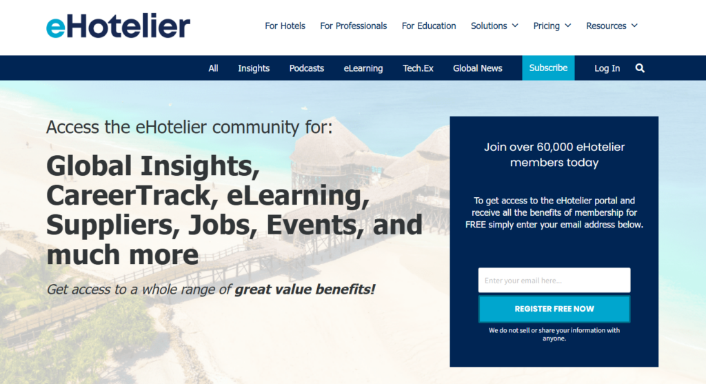 Pagina di eHotelier Insights che promuove l'accesso degli iscritti a formazione, offerte di lavoro ed eventi
