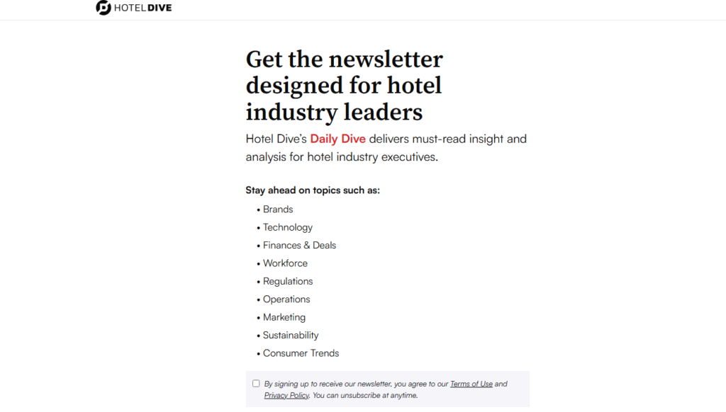 Pagina di iscrizione ad Approfondimento sugli hotel con le principali aree di copertura per i dirigenti alberghieri