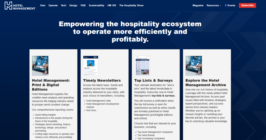 Pagina della newsletter Hotel Management con notizie, tendenze, risorse, sondaggi e pubblicazioni digitali sul settore dell'ospitalità per i professionisti alberghieri