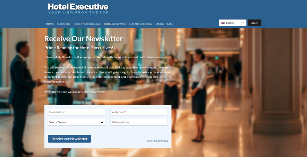 Pagina di iscrizione a HotelExecutive con dettagli sul briefing dedicato ai dirigenti del settore alberghiero