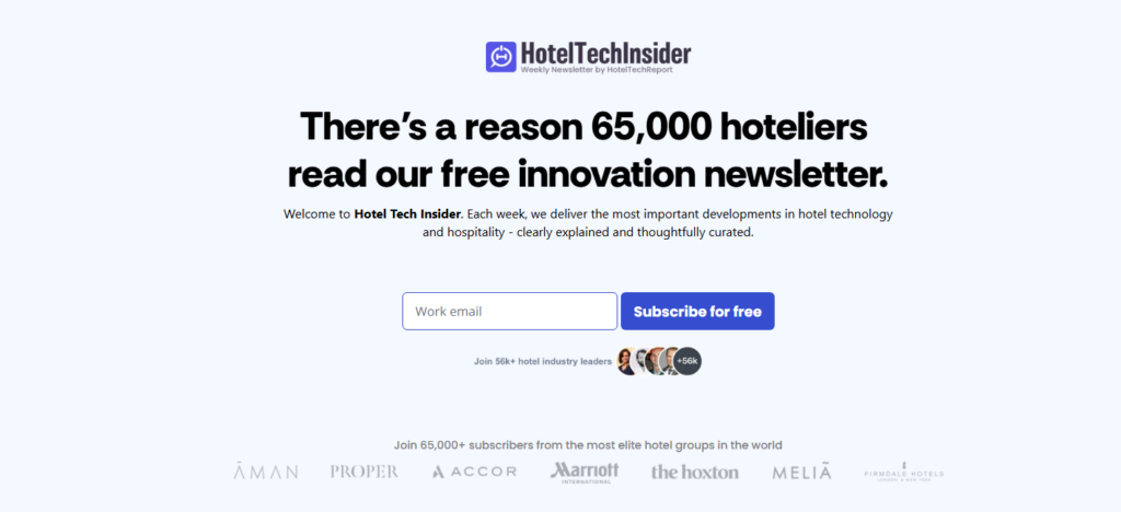 Pagina di abbonamento alla newsletter Hotel Tech Insider con modulo di iscrizione via email, numero di iscritti e loghi dei principali gruppi alberghieri a sostegno degli aggiornamenti sulla tecnologia dell'ospitalità