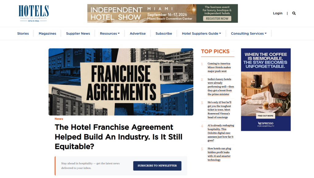 Home page della Rivista Alberghi con notizie sui franchising alberghieri e le principali storie del settore