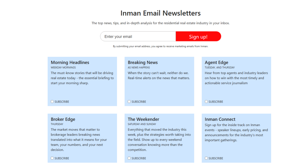 Pagina di iscrizione a Inman che mostra diverse rassegne informative via e-mail sul settore immobiliare