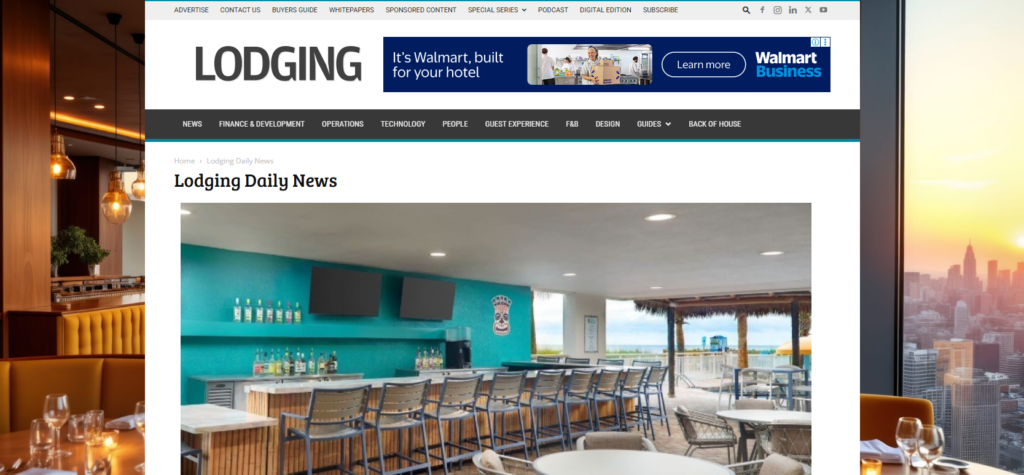 Homepage di Lodging Daily News con contenuti di attualità sull'ospitalità, menu di navigazione, categorie del settore alberghiero e immagine di un articolo in evidenza sul settore ricettivo