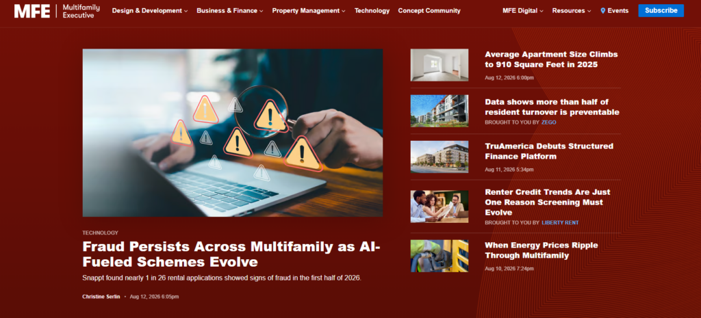 Homepage di Multifamily Executive con articoli sugli immobili in affitto e aggiornamenti di mercato