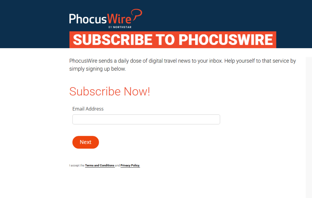 Pagina di iscrizione alla newsletter di PhocusWire dedicata alle notizie sui viaggi digitali
