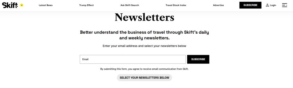 Pagina della newsletter di Skift con iscrizione via e-mail ai briefing sul settore dei viaggi