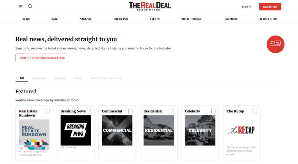 Pagina di The Real Deal che mostra le categorie delle newsletter immobiliari e le opzioni di iscrizione
