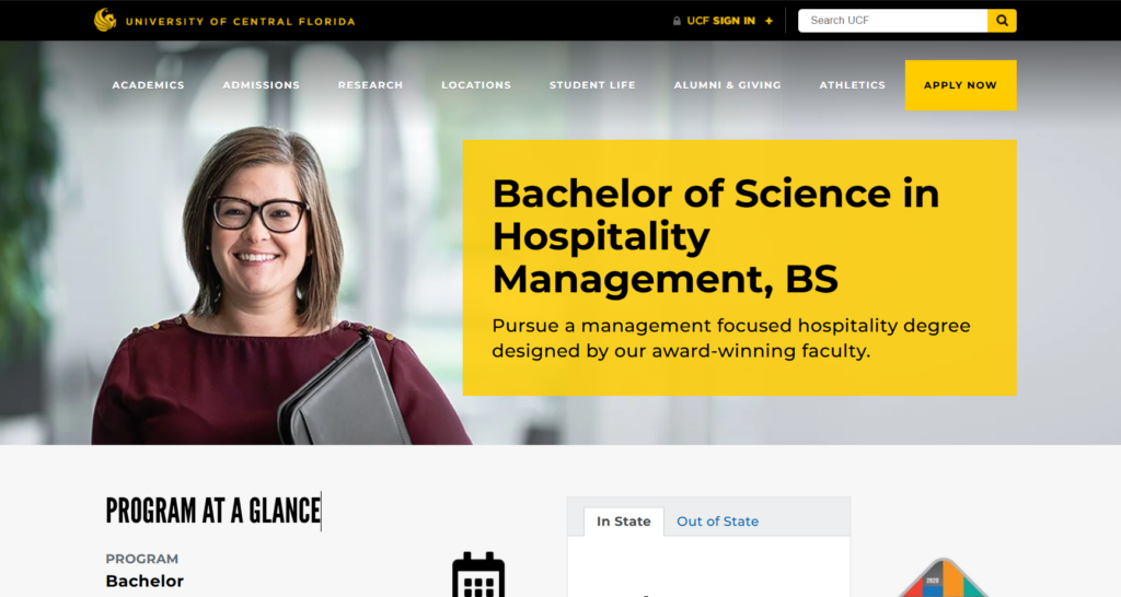 Screenshot of the Bachelor of Science in Hospitality Management degree page