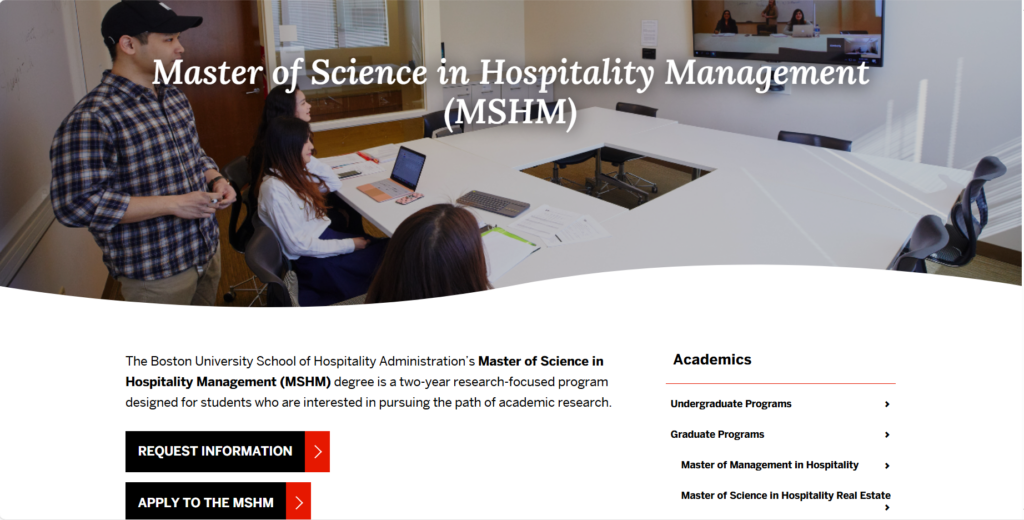 Screenshot of the MS in Hospitality Management (MSHM) course website