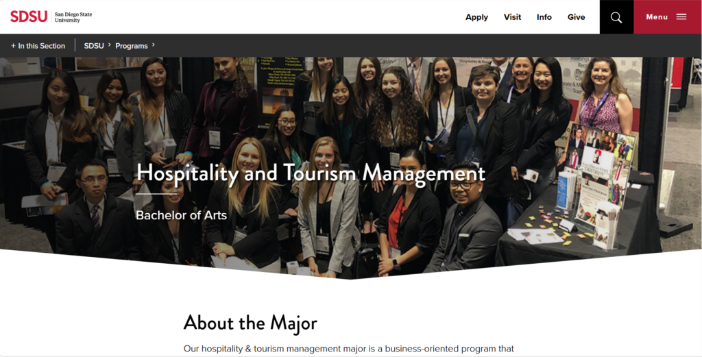 Screenshot of the Hospitality and Tourism Management course website