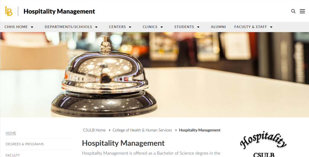 Screenshot of the Hospitality Management course landing page