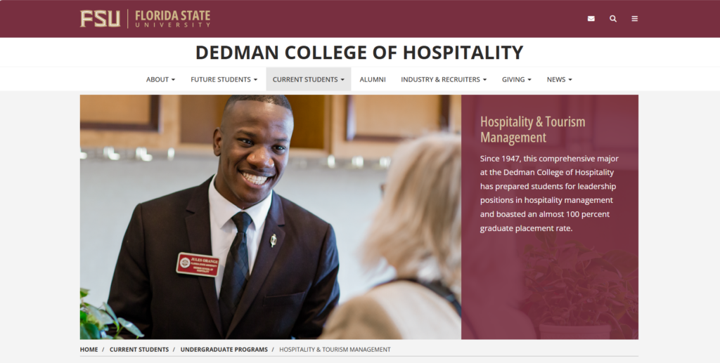 Screenshot of the Hospitality &amp; Tourism Management course landing page