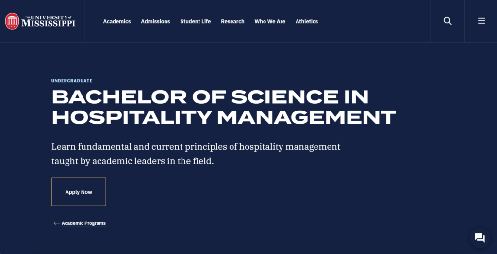 Screenshot of the Bachelor of Science in Hospitality Management degree page