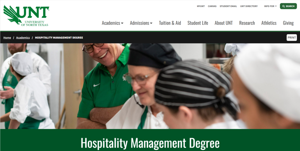 Screenshot of the Hospitality Management B.S. course website