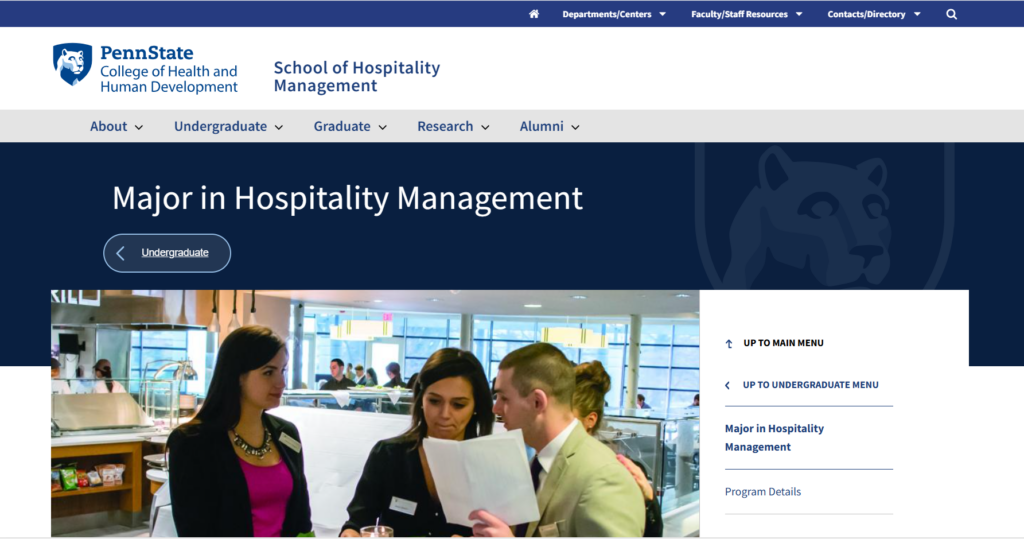 Screenshot of the Major in Hospitality Management degree page